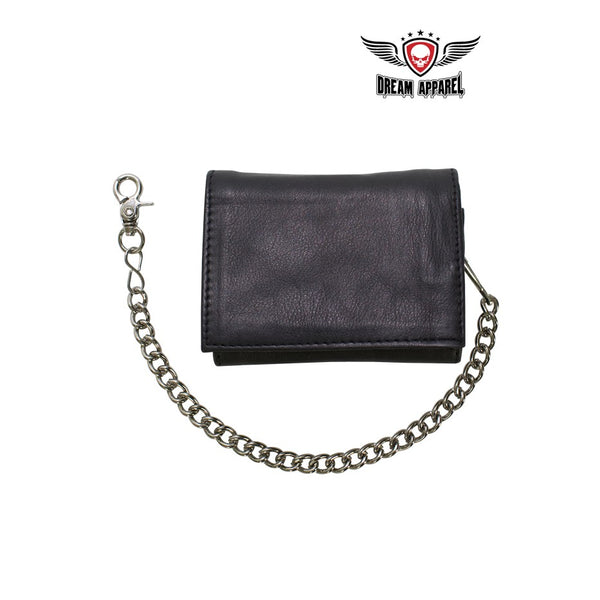 Black Multi-Pocket Naked Cowhide Leather Tri-Fold Wallet with Chain