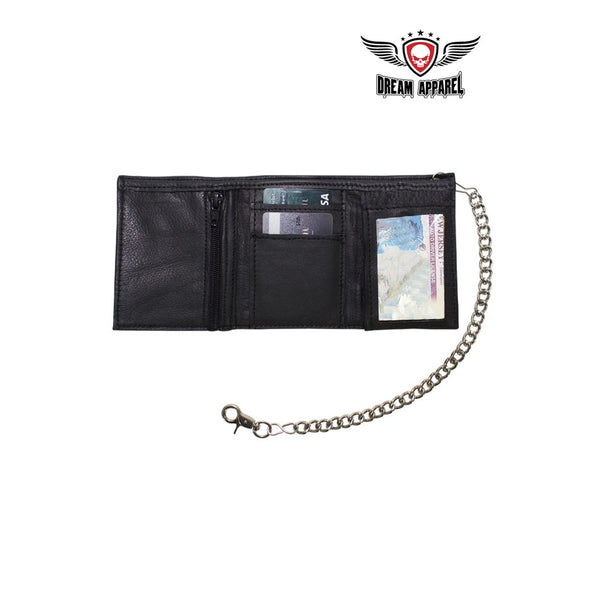 Beautiful Black Leather Tri-Fold Wallet with Chain