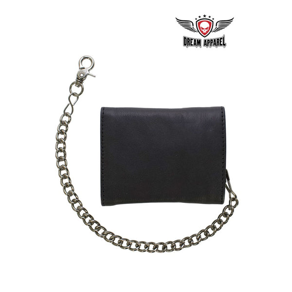 Beautiful Black Leather Tri-Fold Wallet with Chain