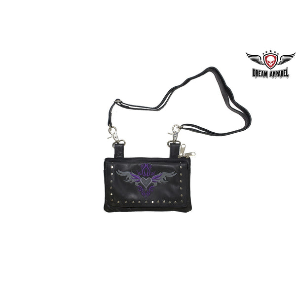 All Naked Cowhide Leather Belt Bag with Gray/Purple Heart and Studs