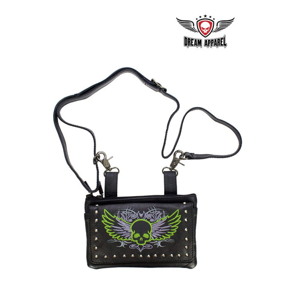 Studded Naked Cowhide Leather Lime Green Skull Belt Bag