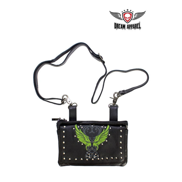 Studded Naked Cowhide Leather Belt Bag With Lime Green Wings