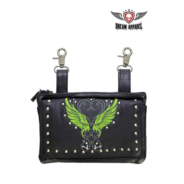 Studded Naked Cowhide Leather Belt Bag With Lime Green Wings