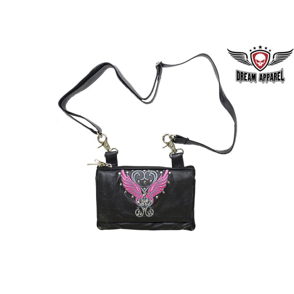 Studded Naked Cowhide Leather Belt Bag with Pink or Purple Wings