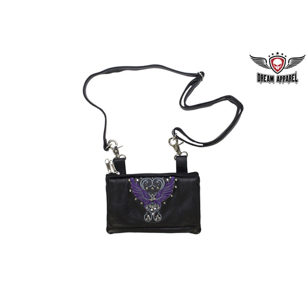 Studded Naked Cowhide Leather Belt Bag with Pink or Purple Wings