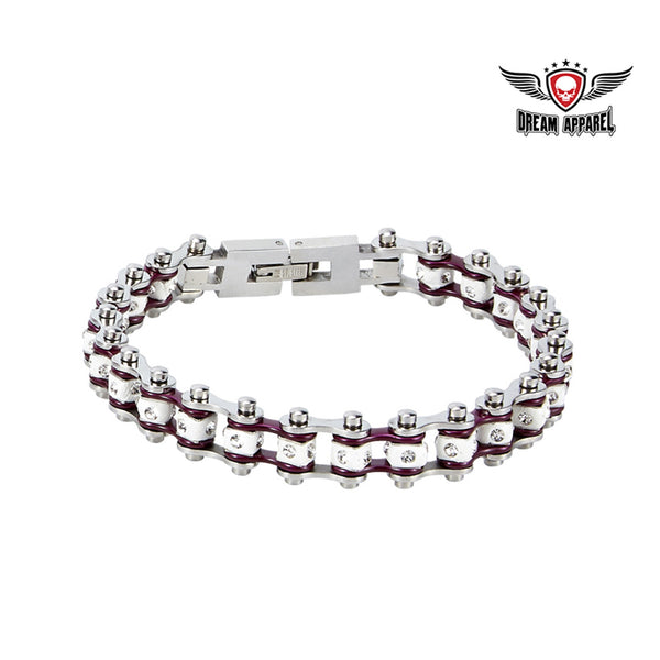 Chrome and Purple Squared Motorcycle Bracelet With Clear Gemstones