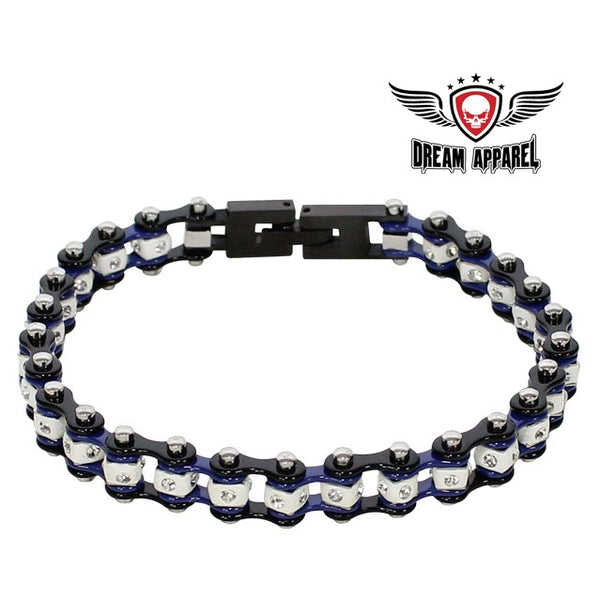 Black Chrome and Blue Squared Motorcycle Bracelet With Clear Gemstones