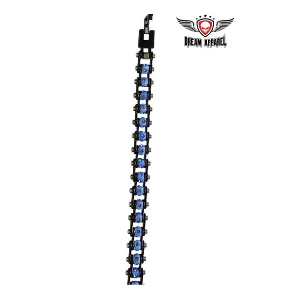 Black Chrome and Blue Squared Motorcycle Bracelet With Blue Gemstones