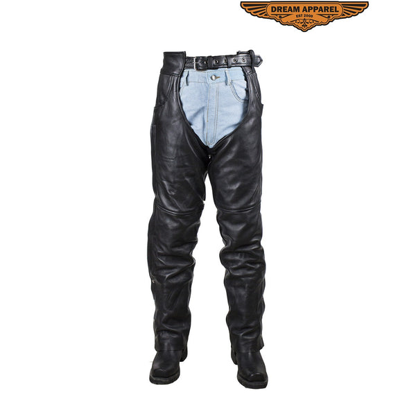 Mens Black Leather Dual Pocket Chaps