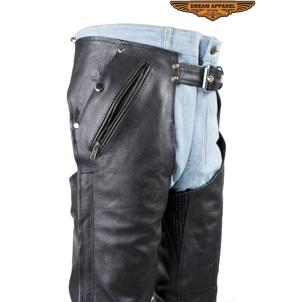 Black Multi-Pocket Split Leather Chaps W/ Zipout liner