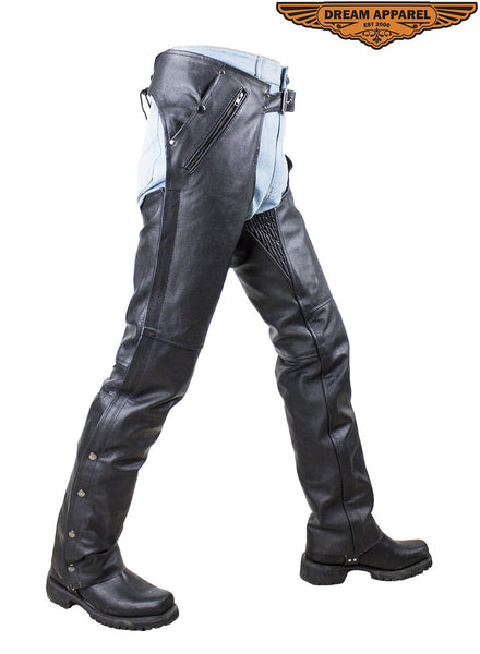 Black Multi-Pocket Split Leather Chaps W/ Zipout liner
