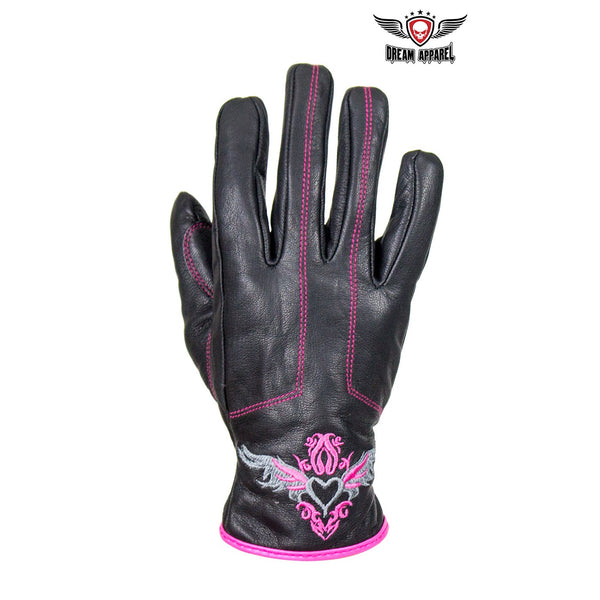 Pink-Rose Graphic Leather Gloves