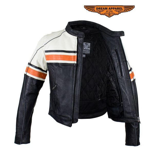 Women's Leather Racer Jacket With Upper Half Cream & Orange Stripe Across Chest