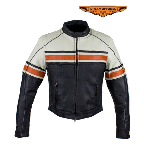 Women's Leather Racer Jacket With Upper Half Cream & Orange Stripe Across Chest