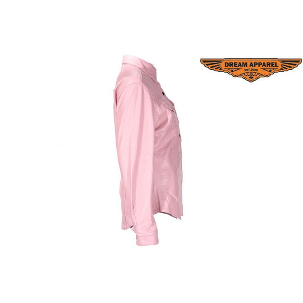 Womens Leather Pink Shirt With Snaps Lining