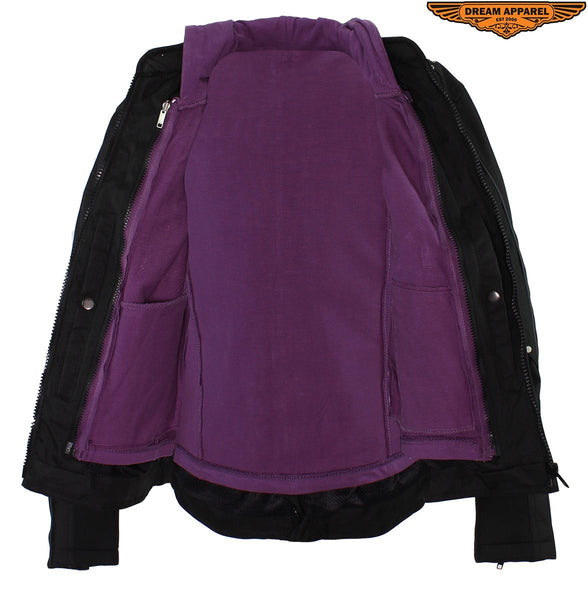 Women's Studed Motorcycle Textile Jacket With Purple Hoodie & Sull & Wings