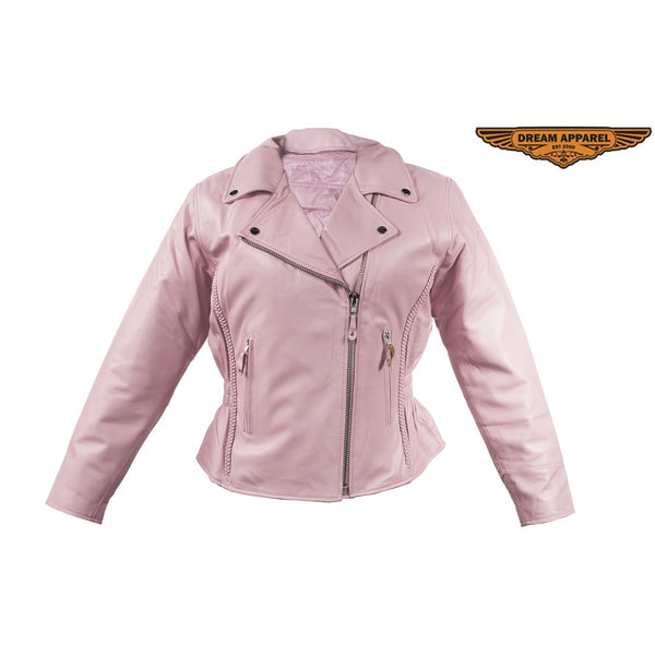 Womens Pink Top Grade Leather Motorcycle Jacket