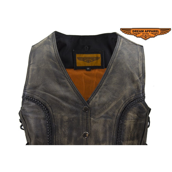 Women's Longer Cut Distressed Brown Cowhide Leather Motorcycle Vest