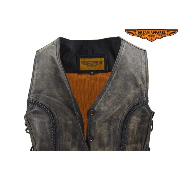 Women's Longer Cut Distressed Brown Cowhide Leather Motorcycle Vest