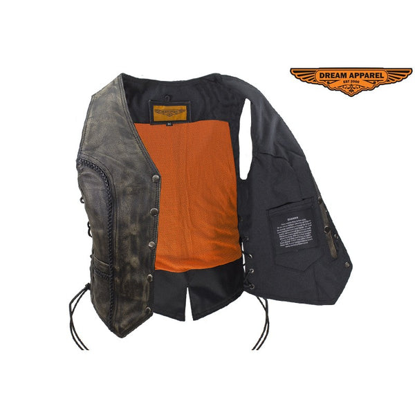 Women's Longer Cut Distressed Brown Cowhide Leather Motorcycle Vest