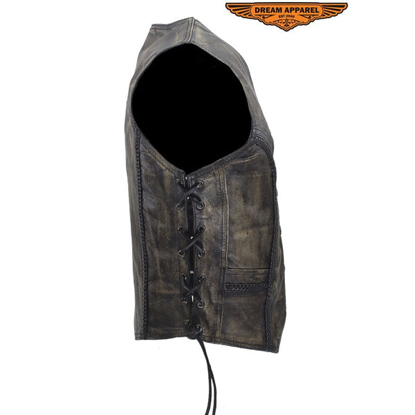 Women's Longer Cut Distressed Brown Cowhide Leather Motorcycle Vest