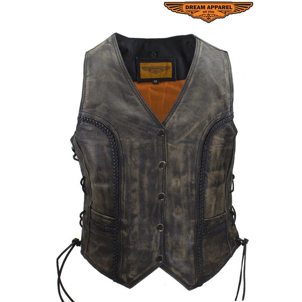 Women's Longer Cut Distressed Brown Cowhide Leather Motorcycle Vest