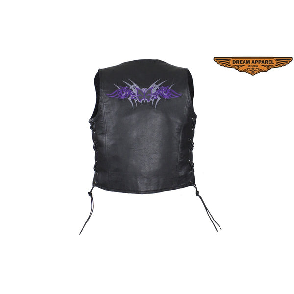 premium split cowhide leather Dual concealed gun pockets with straps and button snaps Small studded purple butterfly with gray graphics on back