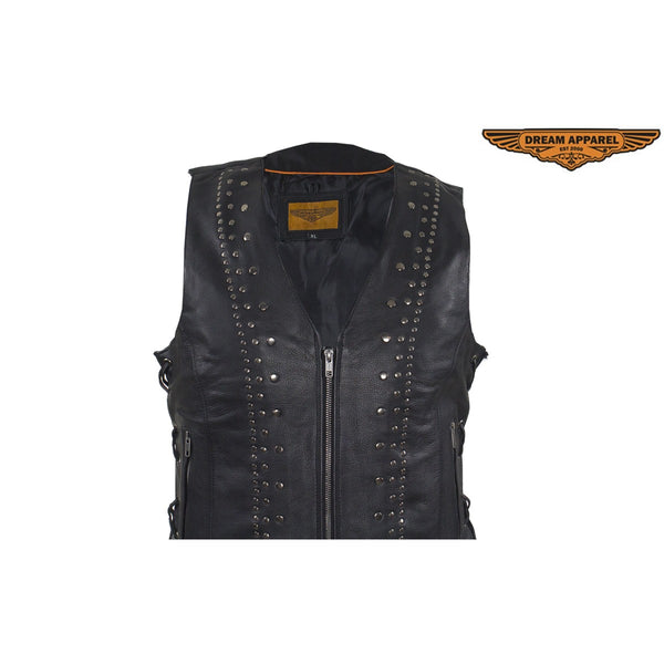 Womens Leather Motorcycle Vest With Satin Nickel Studs