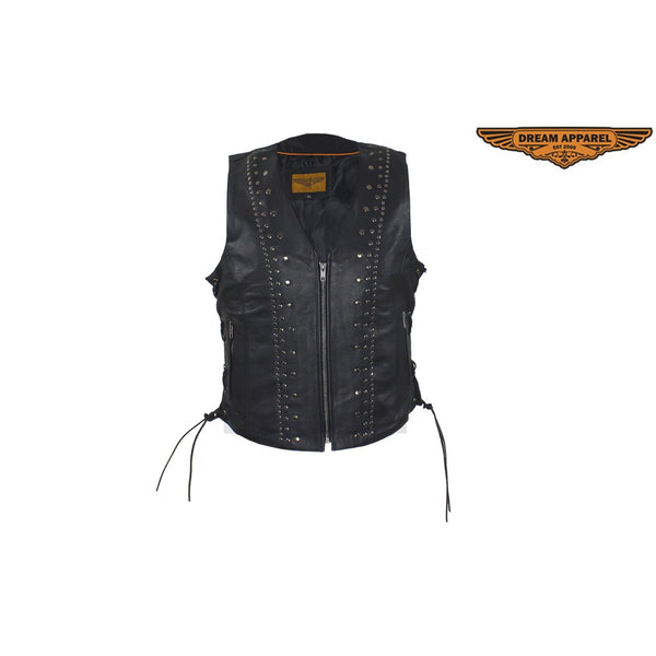 Womens Leather Motorcycle Vest With Satin Nickel Studs