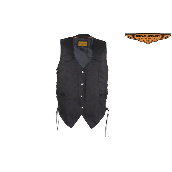 Black Denim Vest with Leather Side Laces