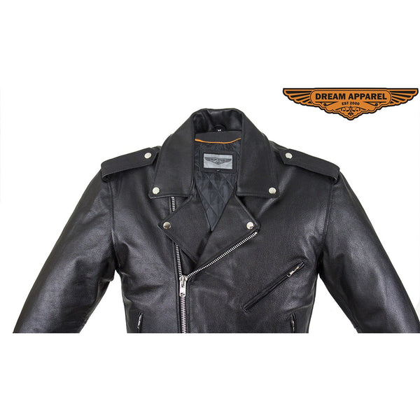 Mens Motorcycle Jacket With Snap Down Collar & Belt