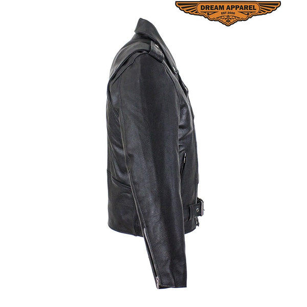 Mens Motorcycle Jacket With Snap Down Collar & Belt