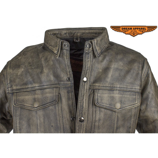 Men's Distressed Brown Leather Motorcycle Shirt With Concealed Carry