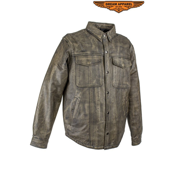 Men's Distressed Brown Leather Motorcycle Shirt With Concealed Carry