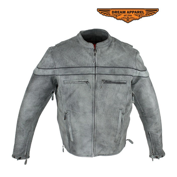 Mens Gray Naked Cowhide Leather Motorcycle Jacket With Zipper On Front
