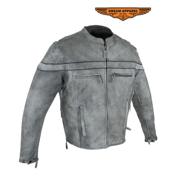 Mens Gray Naked Cowhide Leather Motorcycle Jacket With Zipper On Front