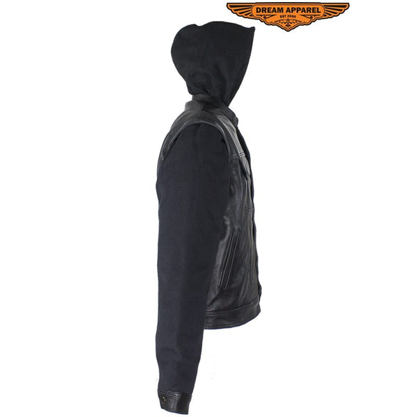 Black Leather Jacket with Removable Canvas Sleeves & Hoodie