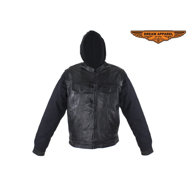 Black Leather Jacket with Removable Canvas Sleeves & Hoodie