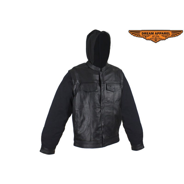 Black Leather Jacket with Removable Canvas Sleeves & Hoodie