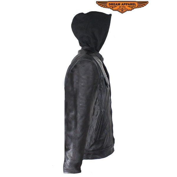 Black Leather Jacket with Removable Sleeves & Hoodie
