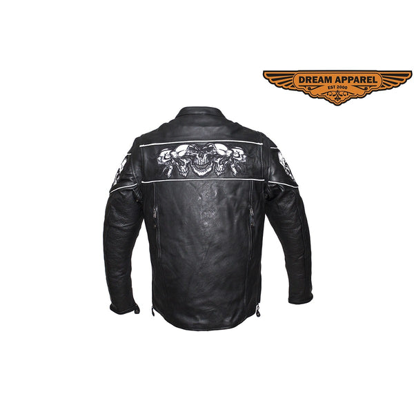 Leather Jacket With Sleek Collar and Reflective Skulls & Gun Pockets