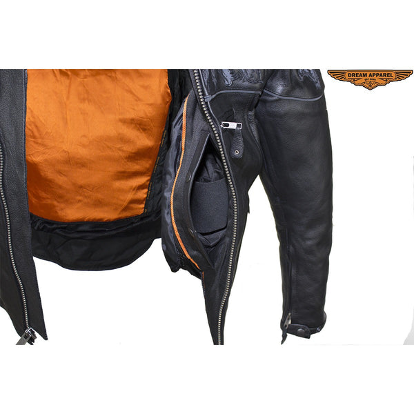 Leather Jacket With Sleek Collar and Reflective Skulls & Gun Pockets