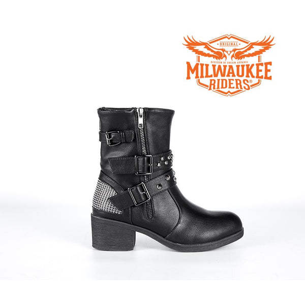 Ladies Zippered Black Multi-Studded Buckle Boots By Milwaukee Riders®