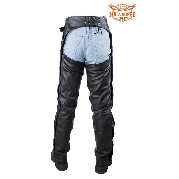 Black Multi-Pocket Naked Cowhide Leather Chaps By Milwaukee Riders