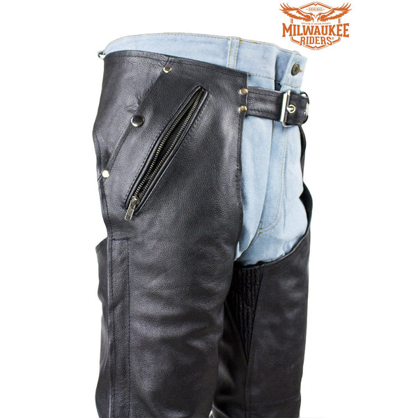 Black Multi-Pocket Naked Cowhide Leather Chaps By Milwaukee Riders