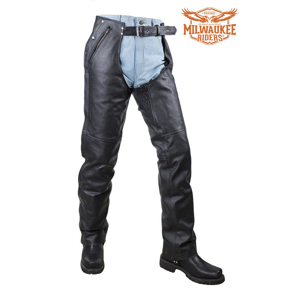 Black Multi-Pocket Naked Cowhide Leather Chaps By Milwaukee Riders