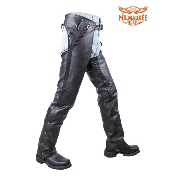 Black Multi-Pocket Naked Cowhide Leather Chaps By Milwaukee Riders