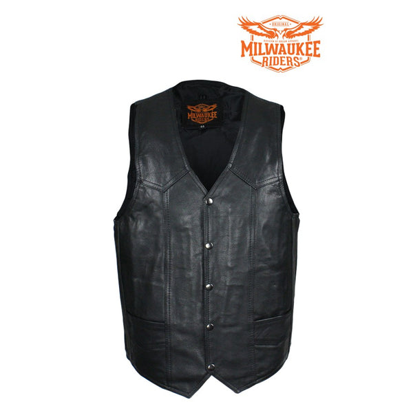 Men's Plain Black Naked Cowhide Leather Vest By Milwaukee Riders®