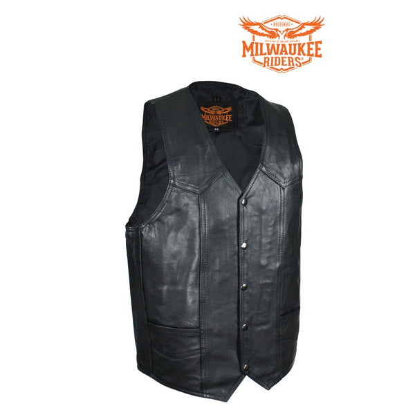 Men's Plain Black Naked Cowhide Leather Vest By Milwaukee Riders®