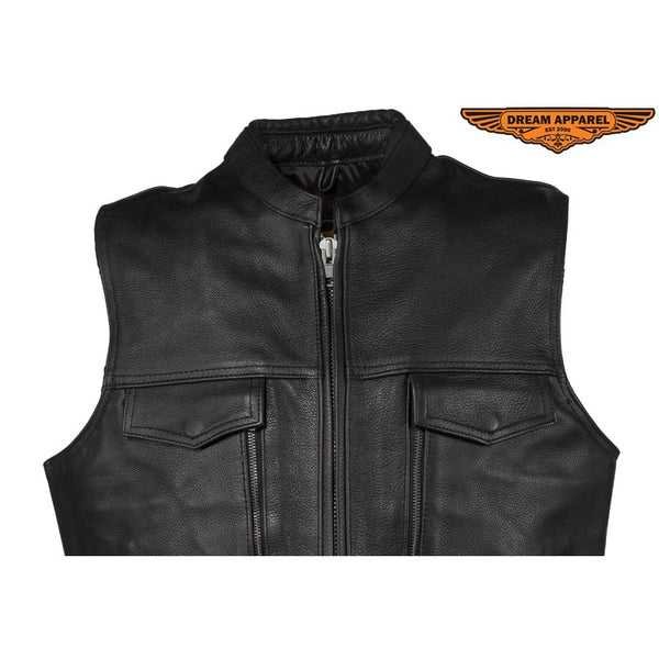 Men's Leather Club Vest With Gun Pocket & Hidden Pockets